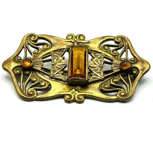 Art Nouveau Brass Brooch with Amber Glass Stones & Whiplash Scrollwork  — EUC - Picture 3 of 8